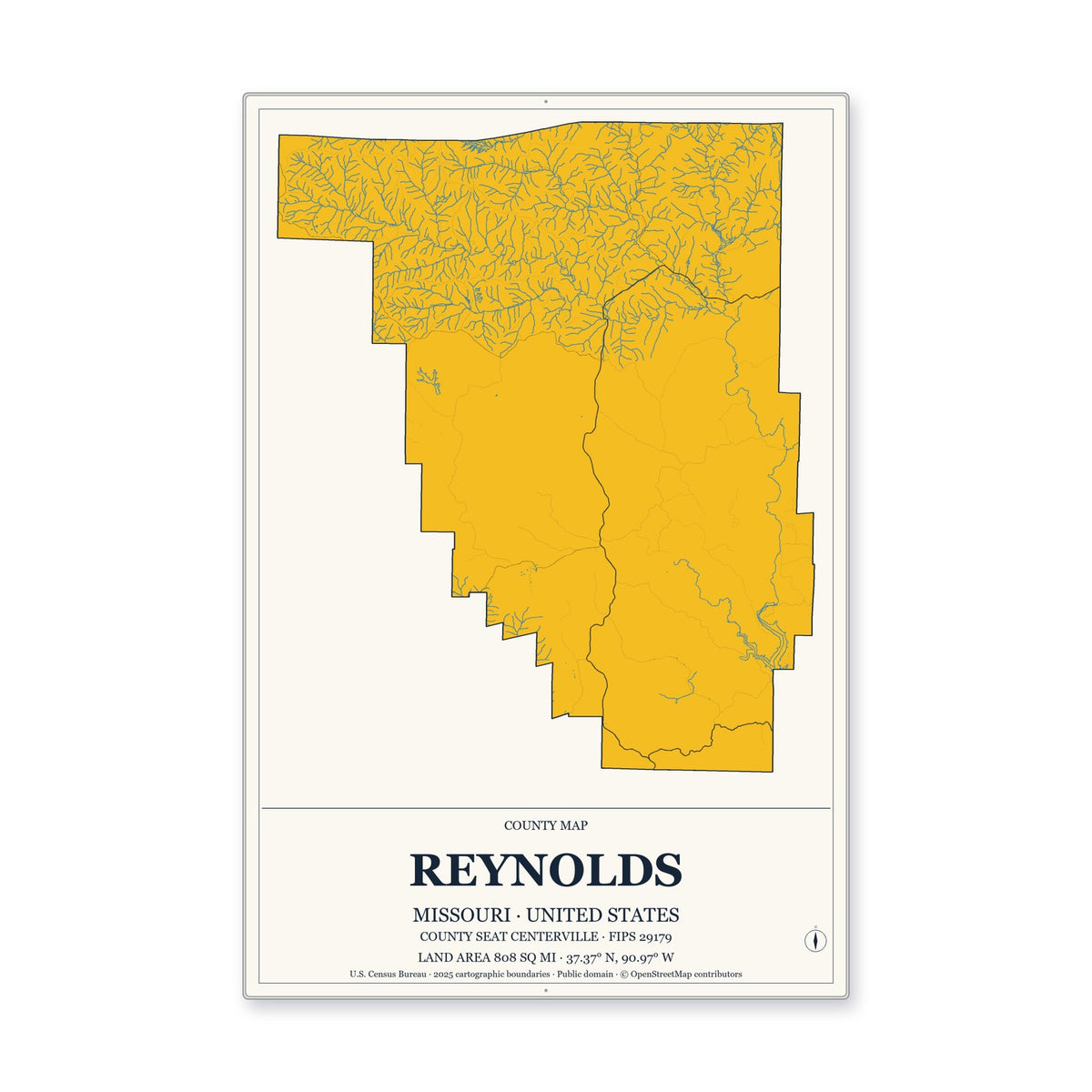Reynolds County, Missouri Map Aluminum Sign in Citrine Modern style