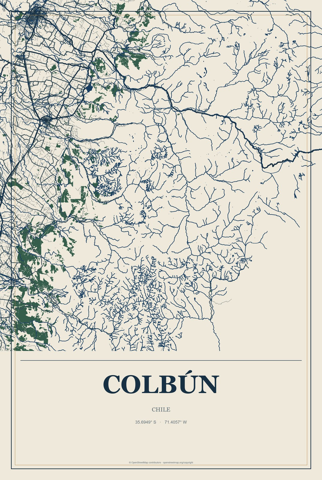 Colbún, Chile City Map Aluminum Sign in Coastal Cutout style