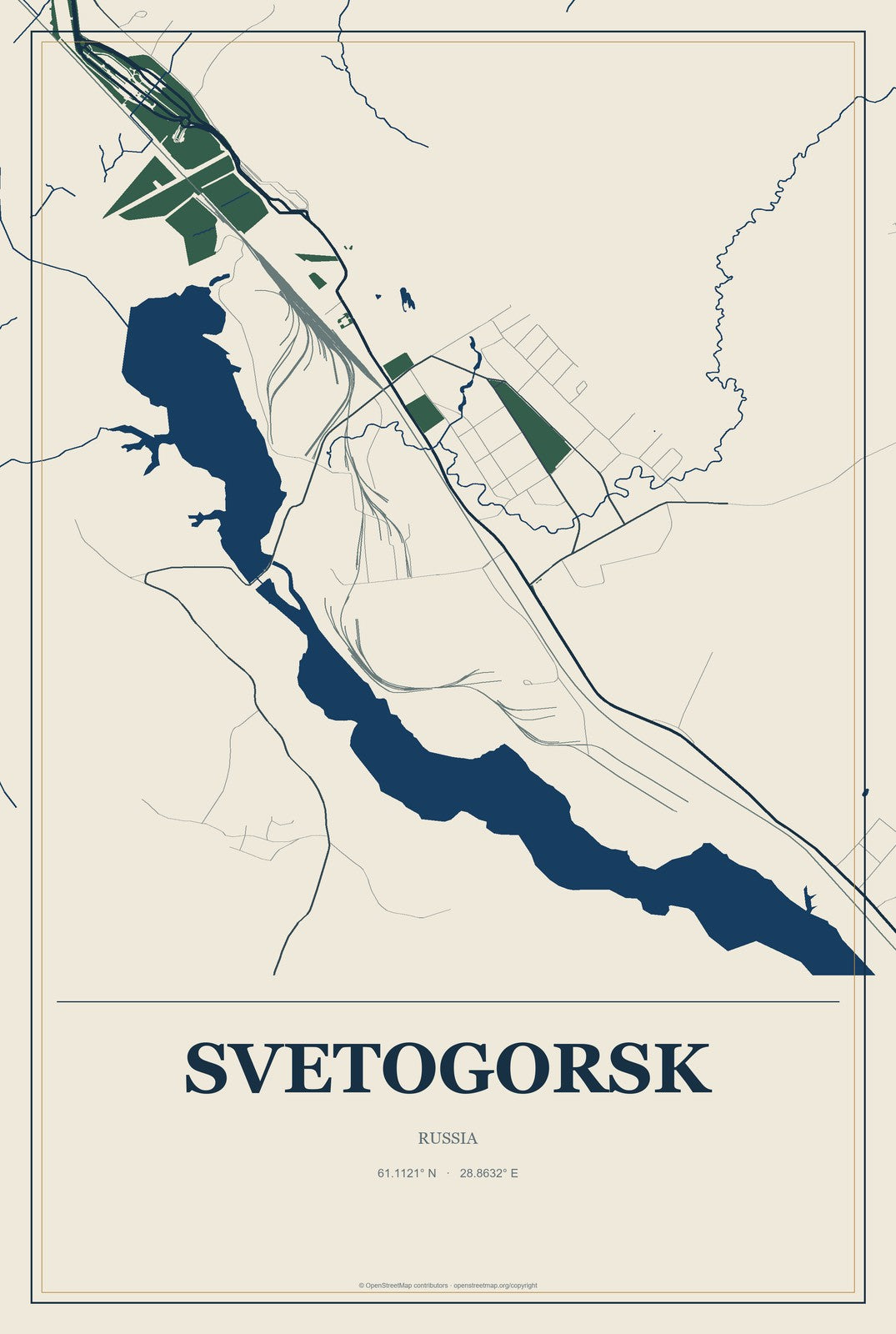 Svetogorsk, Russia City Map Aluminum Sign in Coastal Cutout style
