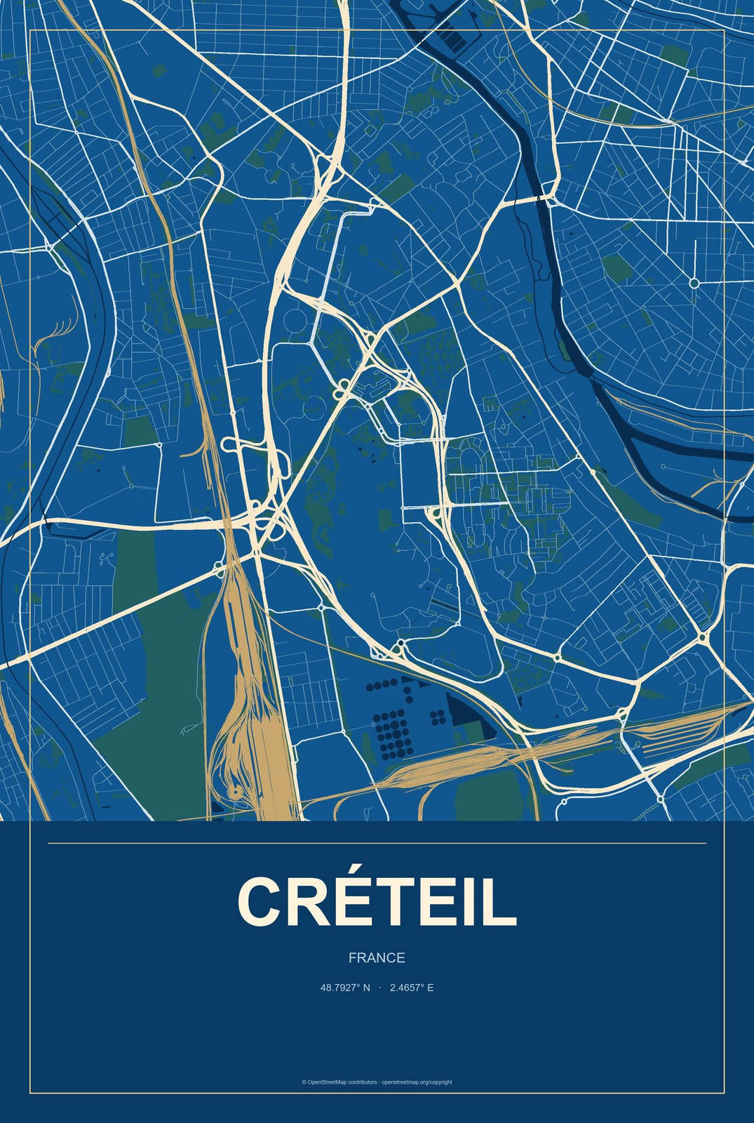 Créteil, France City Map Aluminum Sign in Harbor Cobalt style
