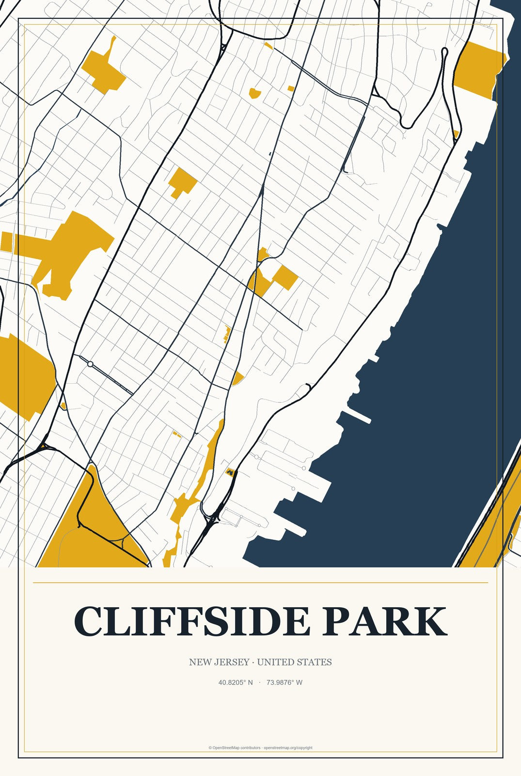 Cliffside Park, New Jersey City Map Aluminum Sign in Citrine Modern style