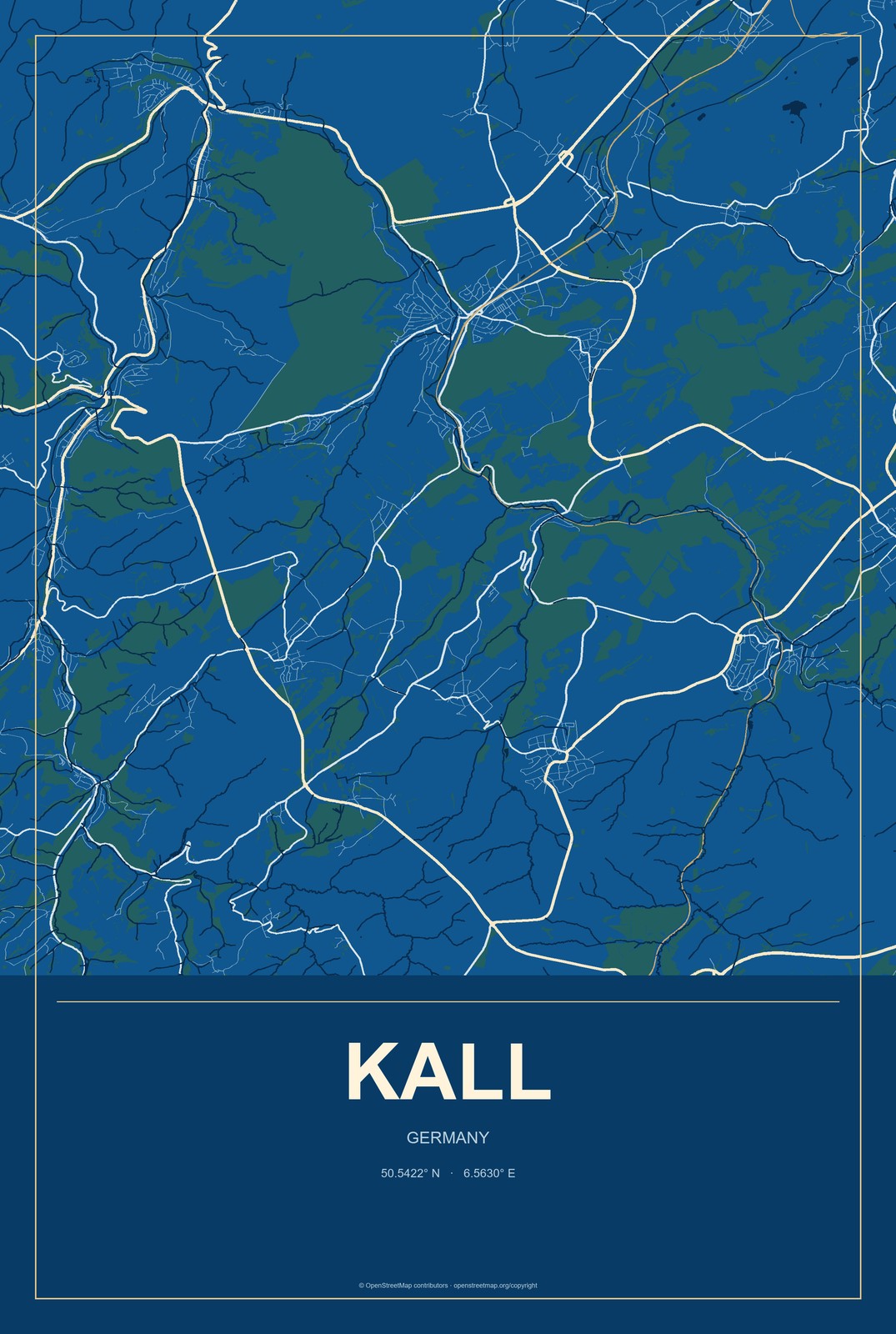 Kall, Germany City Map Aluminum Sign in Harbor Cobalt style