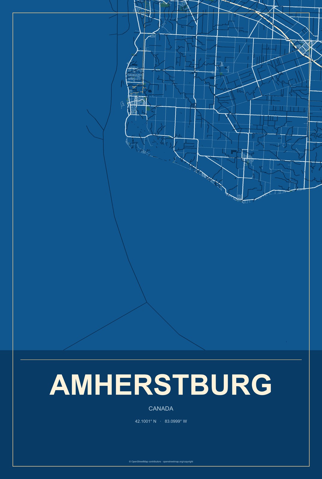 Amherstburg, Canada City Map Aluminum Sign in Harbor Cobalt style
