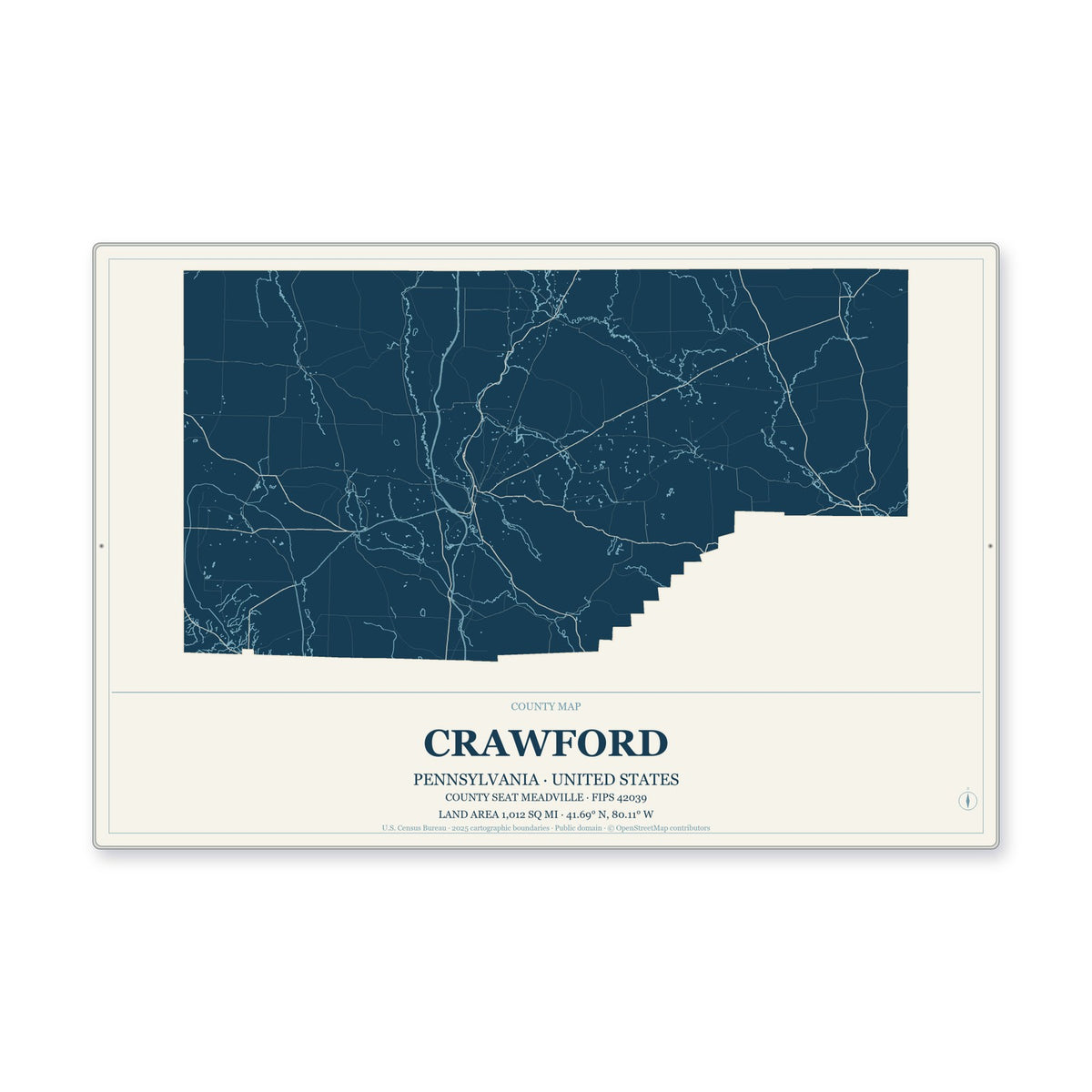 Crawford County, Pennsylvania Map Aluminum Sign in Coastal Cutout style