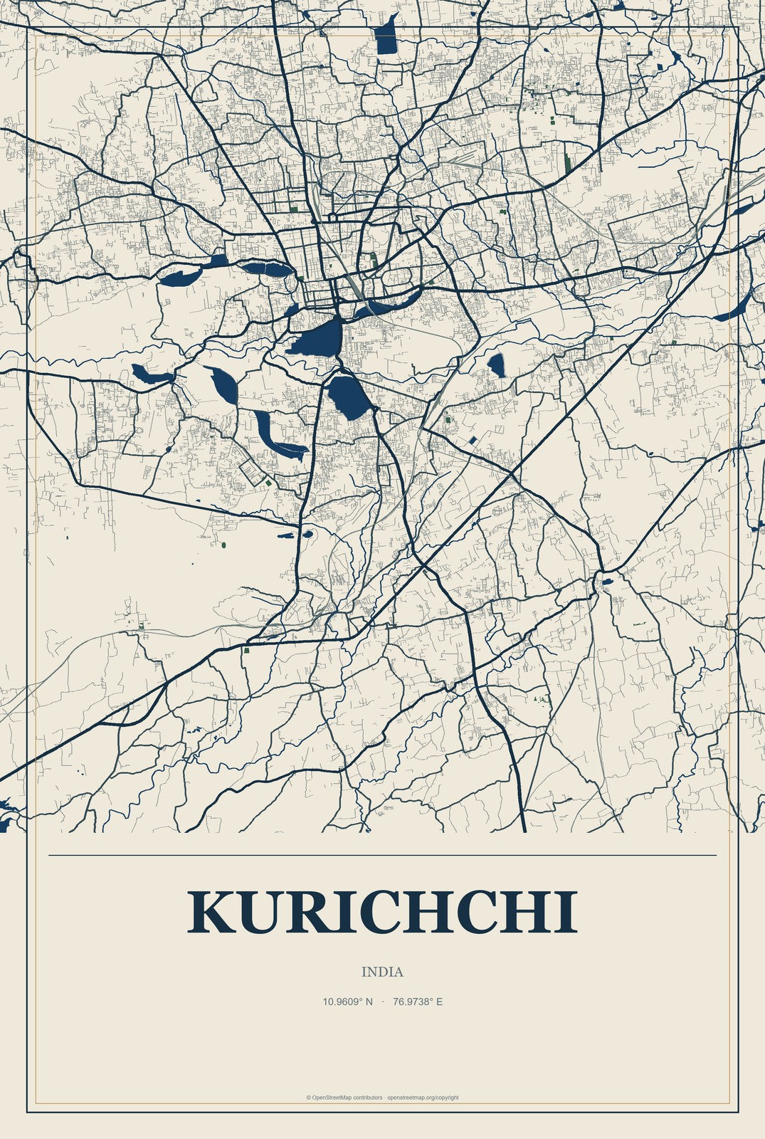 Kurichchi, India City Map Aluminum Sign in Coastal Cutout style