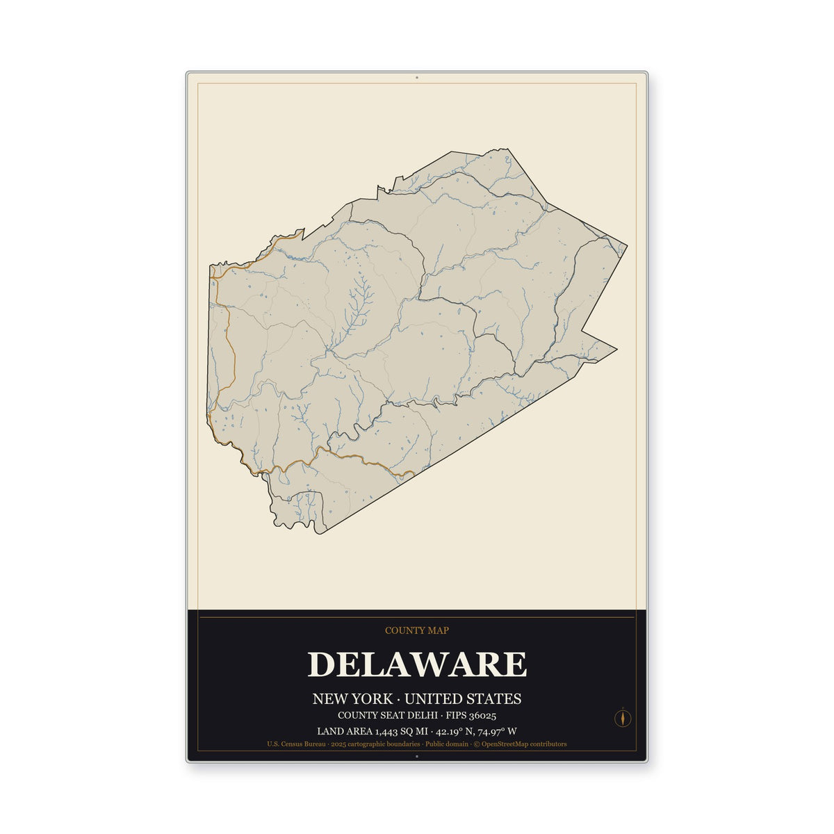 Delaware County, New York Map Aluminum Sign in Museum Plaque style