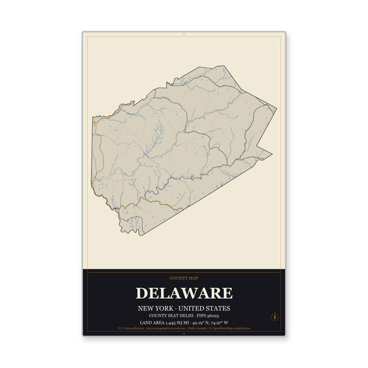 Delaware County, New York Map Aluminum Sign in Museum Plaque style
