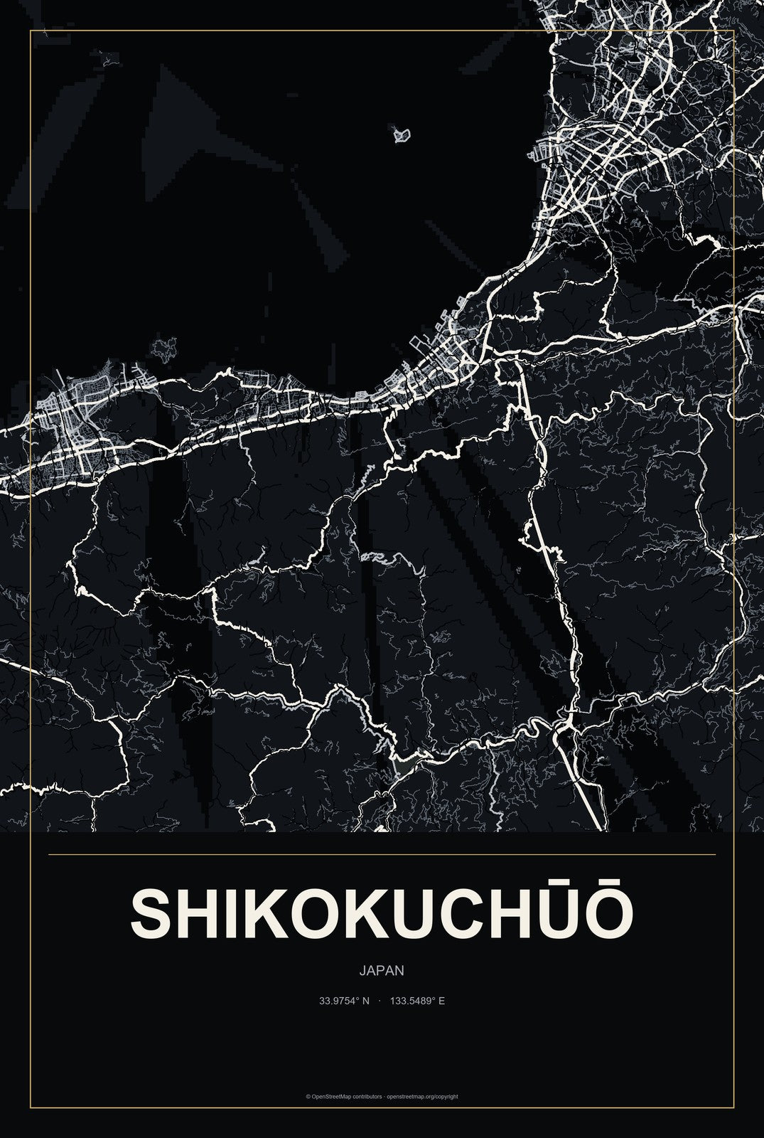Shikokuchūō, Japan City Map Aluminum Sign in Metropolitan Noir style