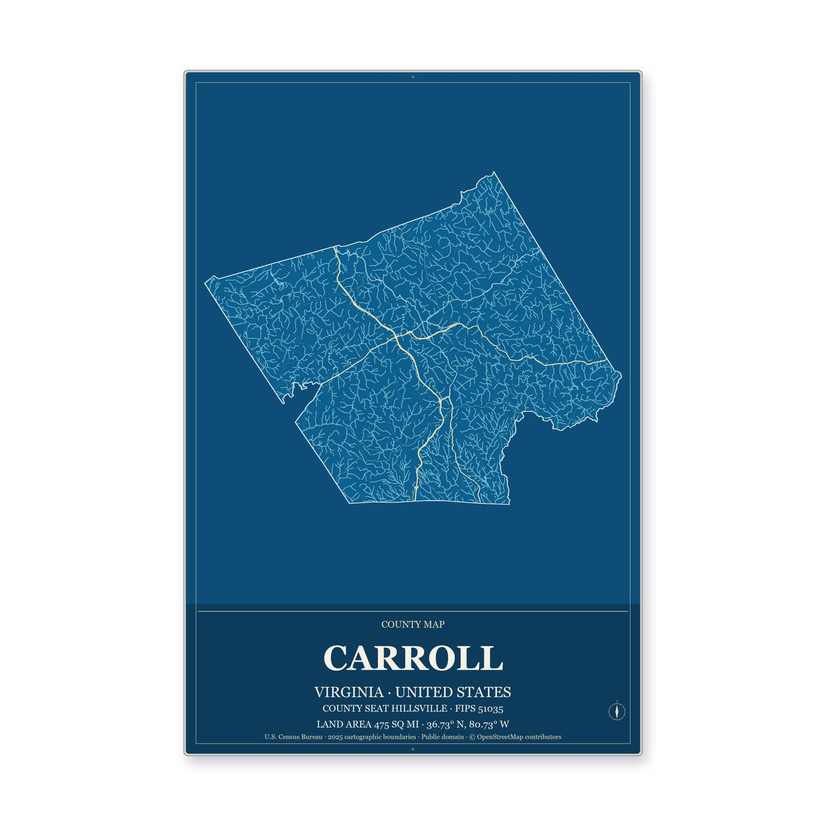 Carroll County, Virginia Map Aluminum Sign in Harbor Cobalt style