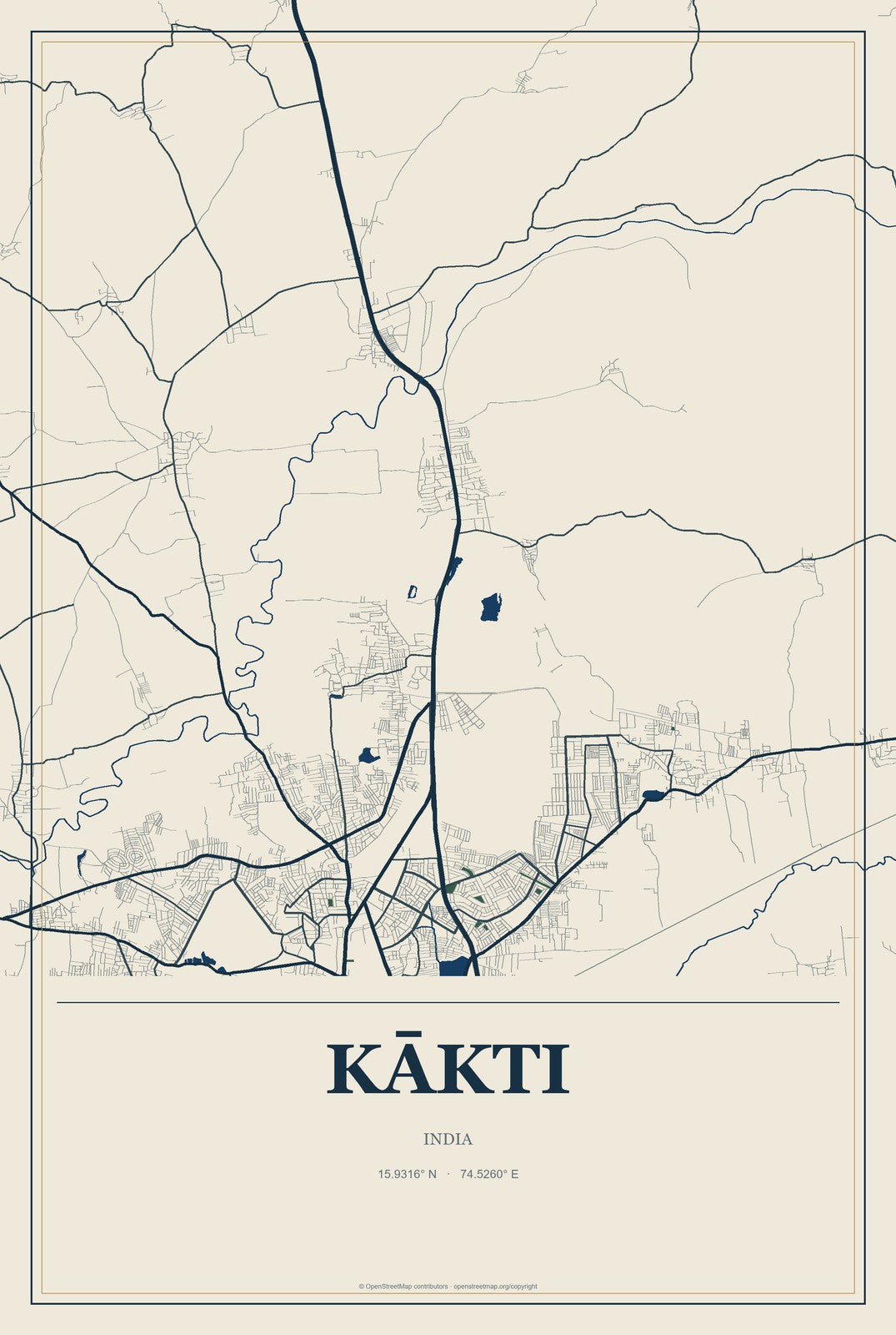 Kākti, India City Map Aluminum Sign in Coastal Cutout style