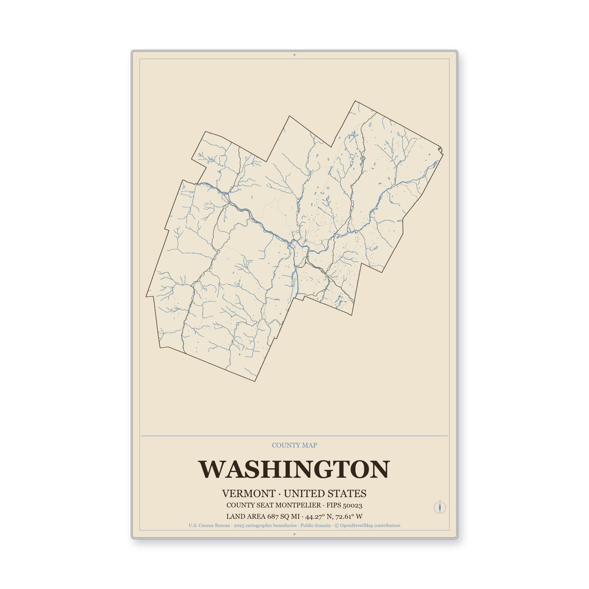 Washington County, Vermont Map Aluminum Sign in Heritage Nautical style