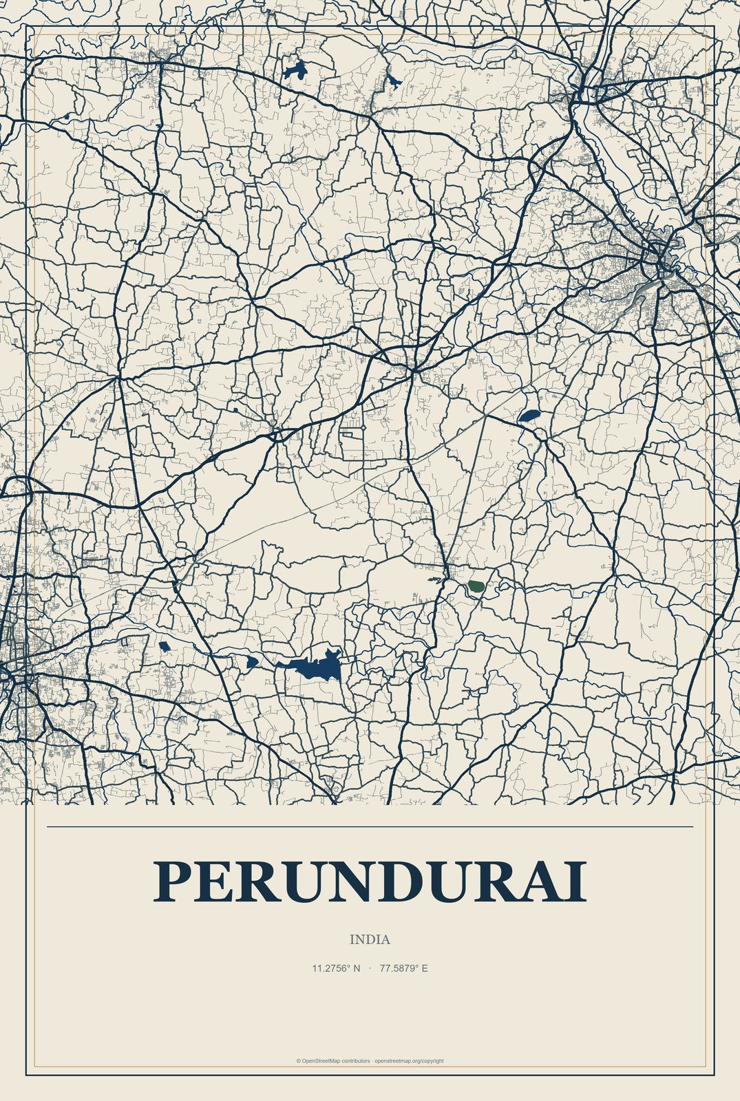 Perundurai, India City Map Aluminum Sign in Coastal Cutout style