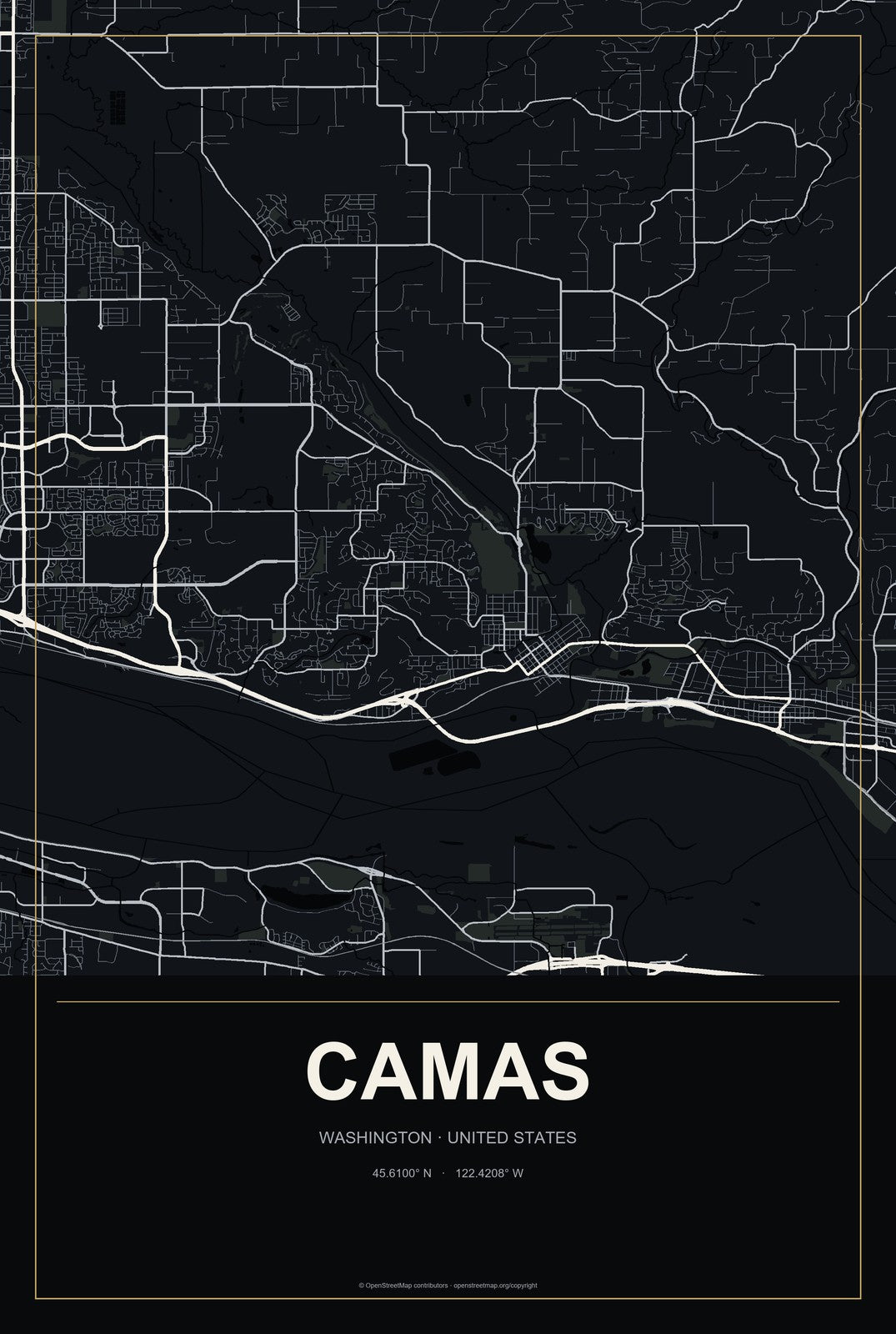 Camas, Washington City Map Aluminum Sign in Metropolitan Noir style