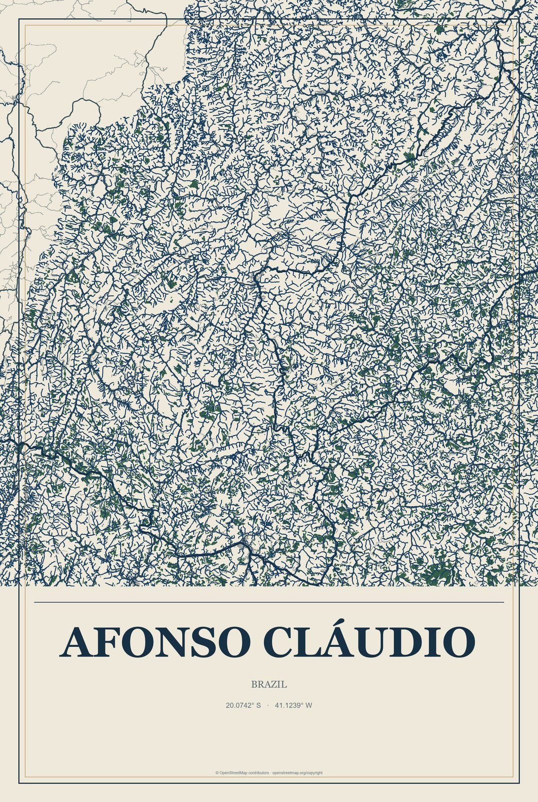 Afonso Cláudio, Brazil City Map Aluminum Sign in Coastal Cutout style