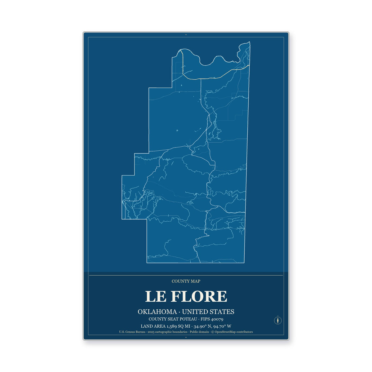 Le Flore County, Oklahoma Map Aluminum Sign in Harbor Cobalt style
