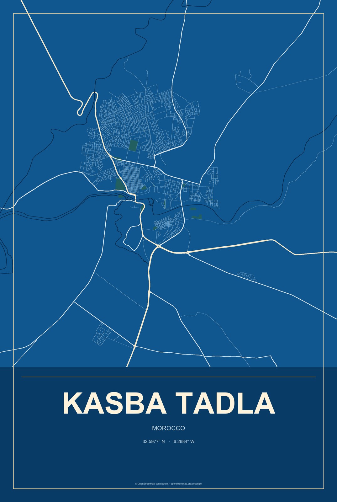 Kasba Tadla, Morocco City Map Aluminum Sign in Harbor Cobalt style
