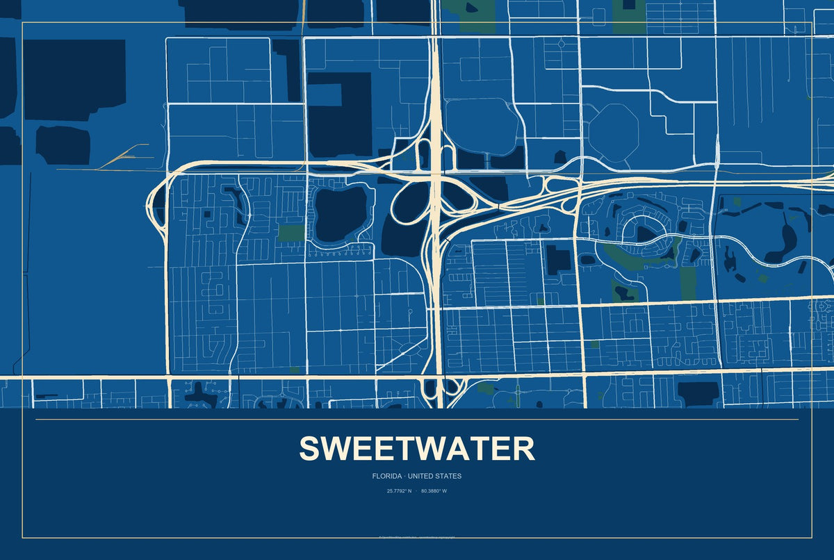 Sweetwater, Florida City Map Aluminum Sign in Harbor Cobalt style