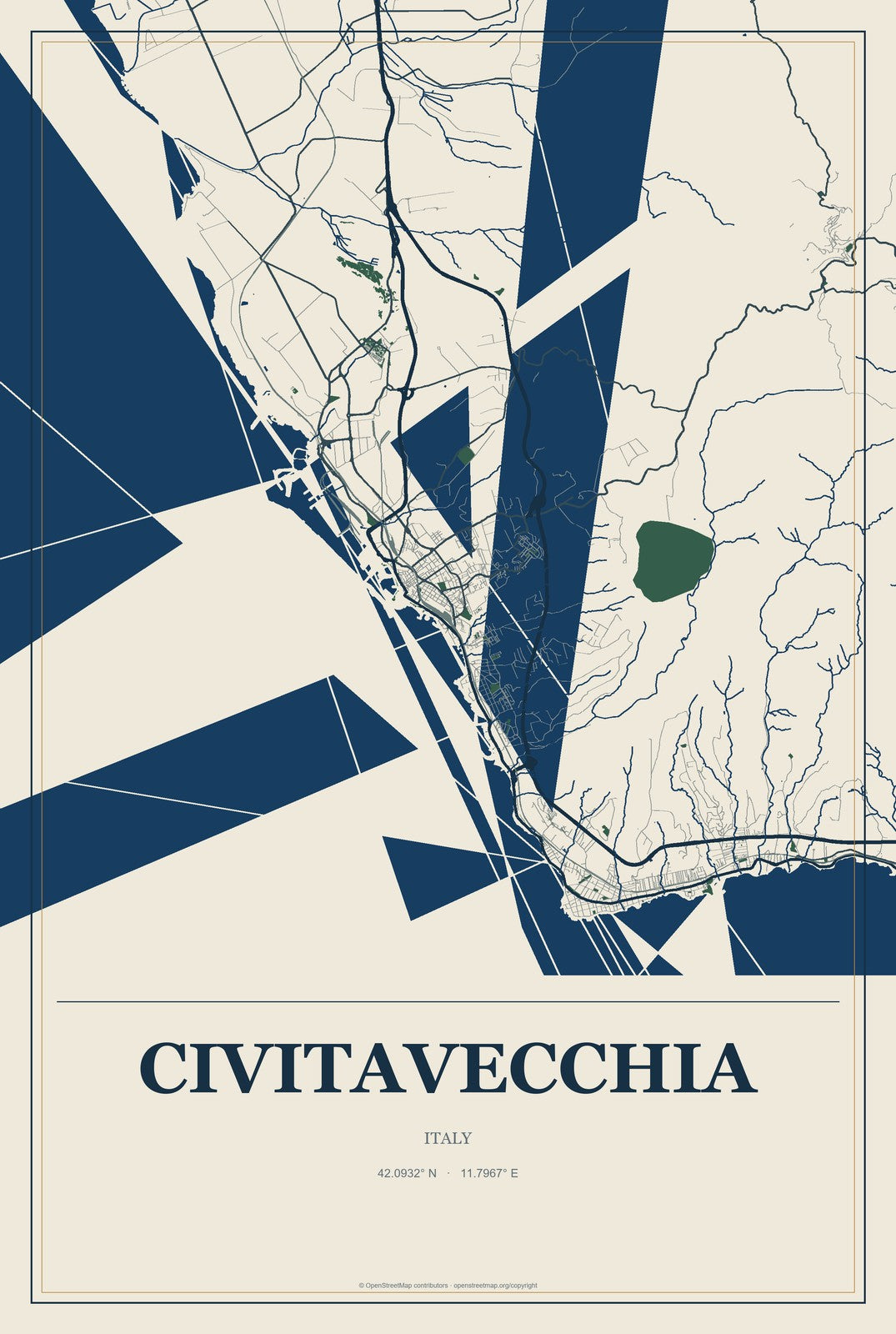 Civitavecchia, Italy City Map Aluminum Sign in Coastal Cutout style