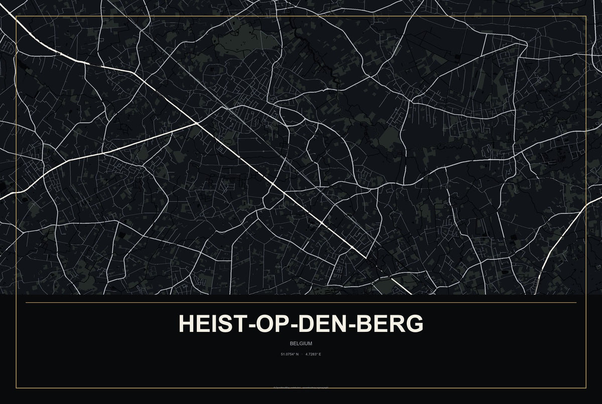 Heist-op-den-Berg, Belgium City Map Aluminum Sign in Metropolitan Noir style