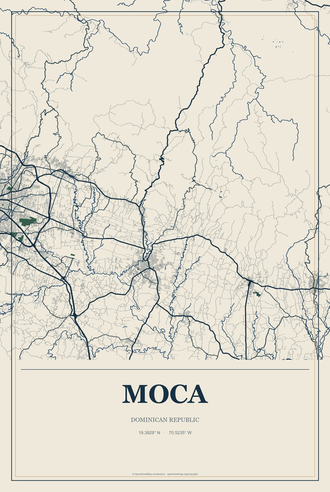 Moca, Dominican Republic City Map Aluminum Sign in Coastal Cutout style