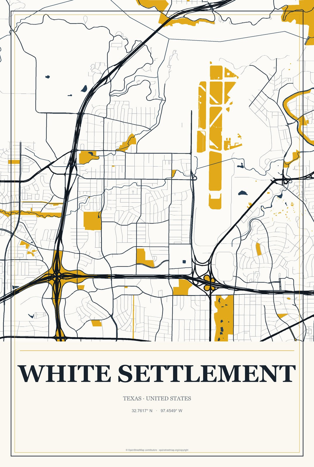 White Settlement, Texas City Map Aluminum Sign in Citrine Modern style