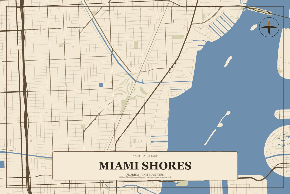 Miami Shores, Florida City Map Aluminum Sign in Heritage Nautical style