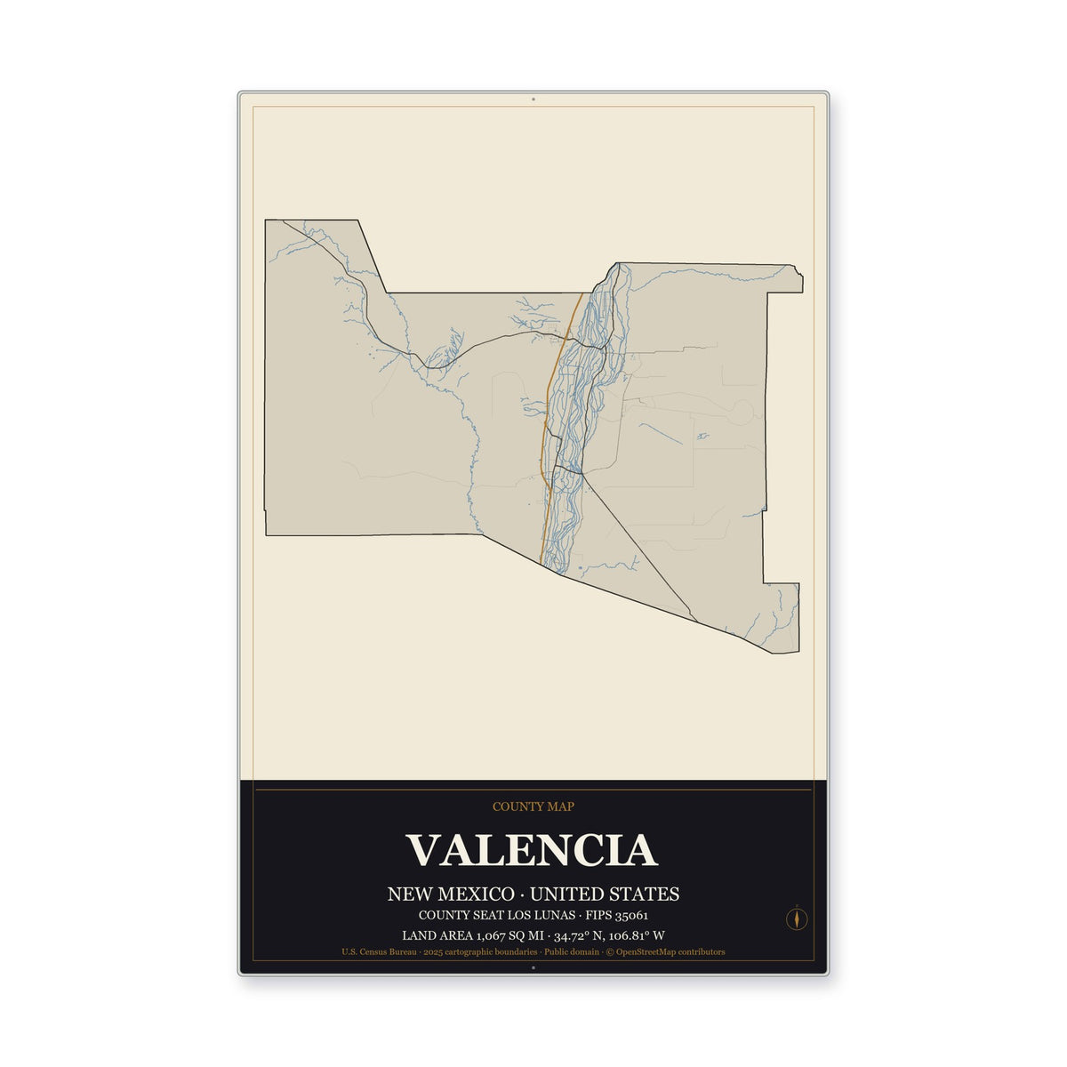 Valencia County, New Mexico Map Aluminum Sign in Museum Plaque style