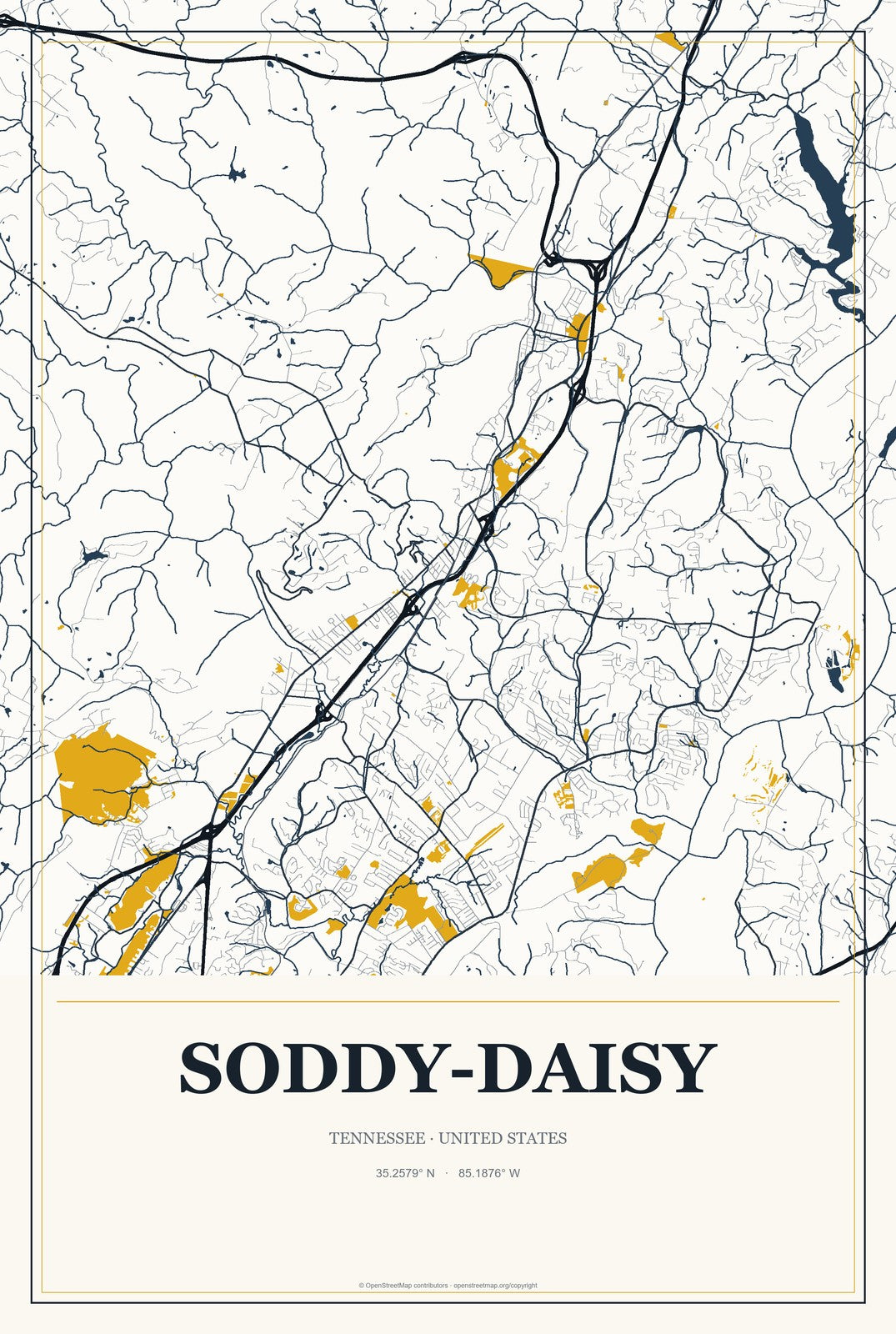 Soddy-Daisy, Tennessee City Map Aluminum Sign in Citrine Modern style