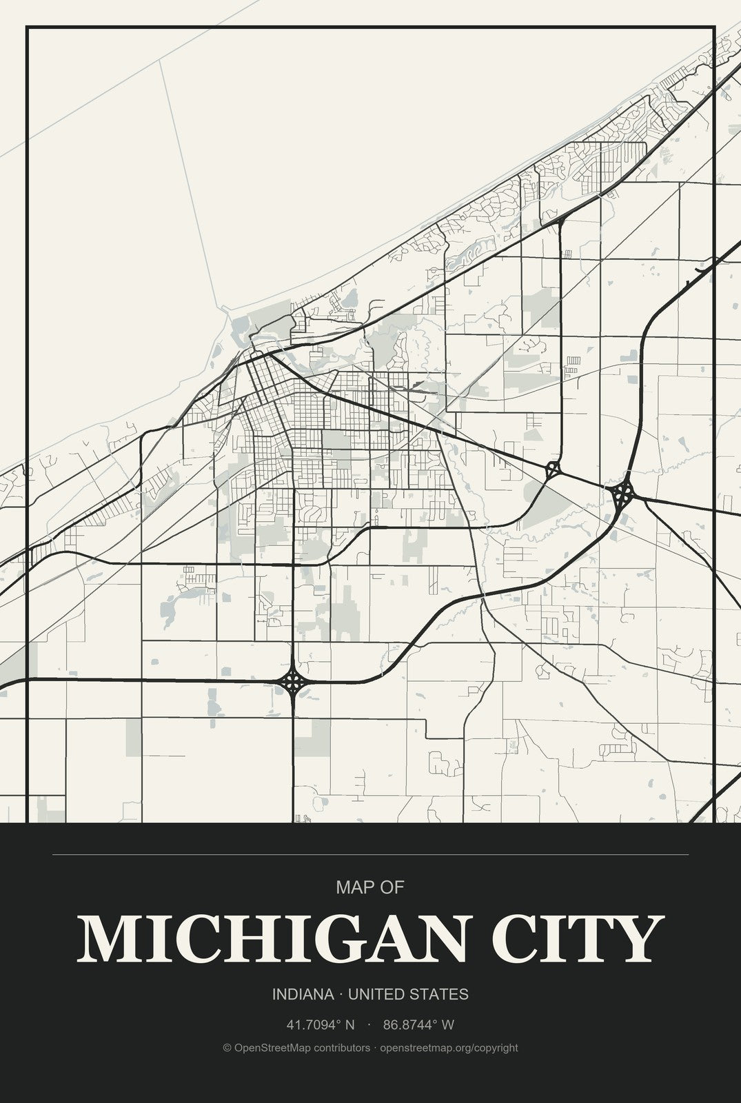 Michigan City, Indiana City Map Aluminum Sign in Museum Plaque style