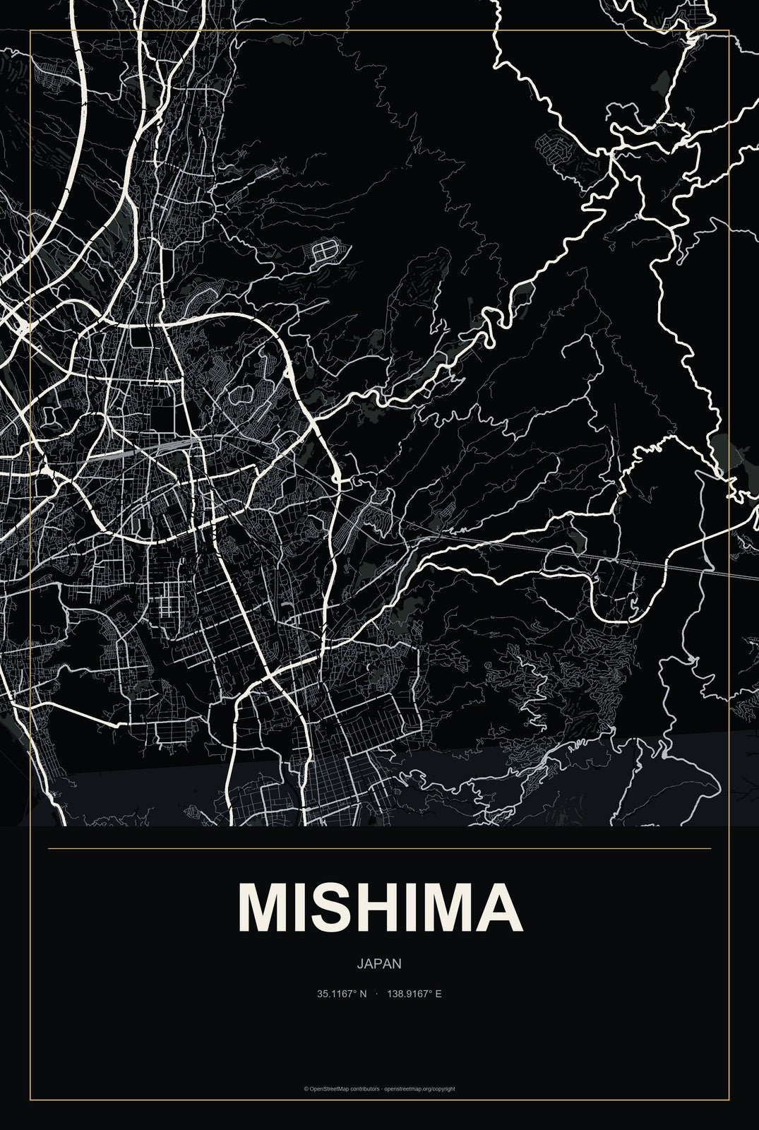 Mishima, Japan City Map Aluminum Sign in Metropolitan Noir style