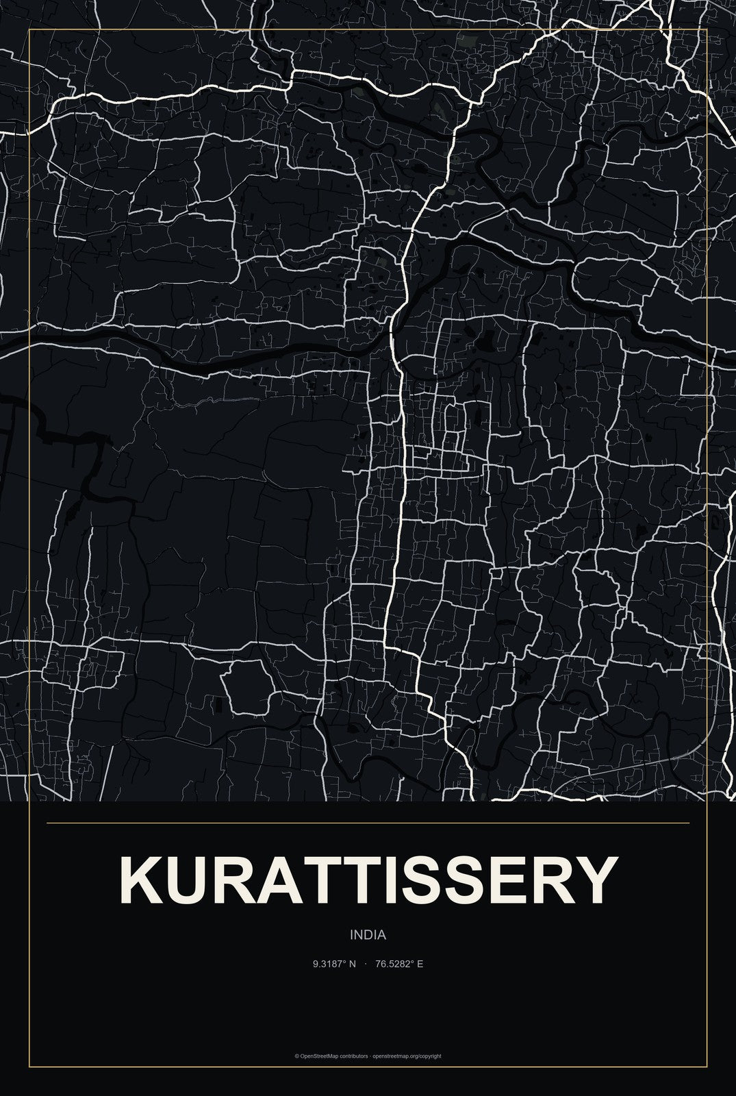 Kurattissery, India City Map Aluminum Sign in Metropolitan Noir style