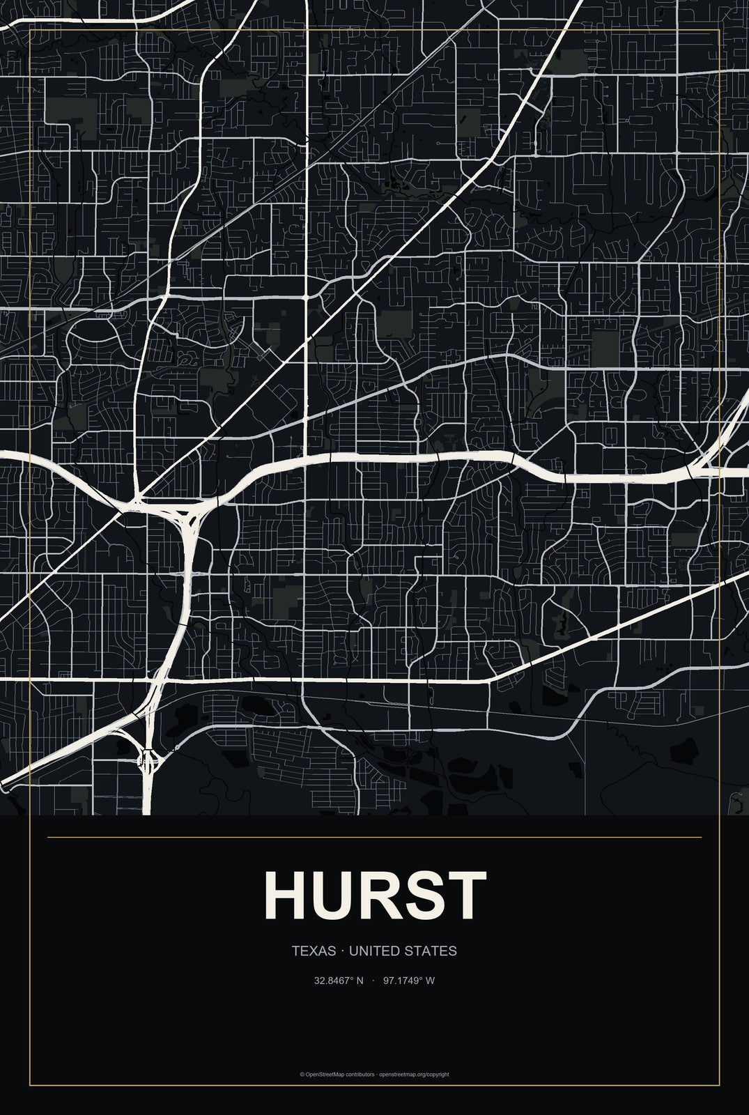 Hurst, Texas City Map Aluminum Sign in Metropolitan Noir style