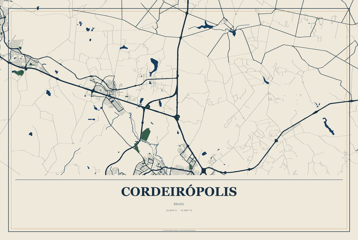 Cordeirópolis, Brazil City Map Aluminum Sign in Coastal Cutout style