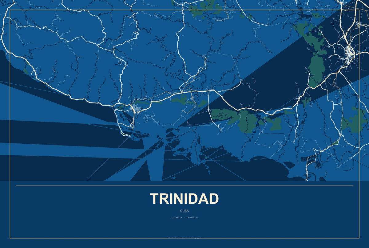 Trinidad, Cuba City Map Aluminum Sign in Harbor Cobalt style