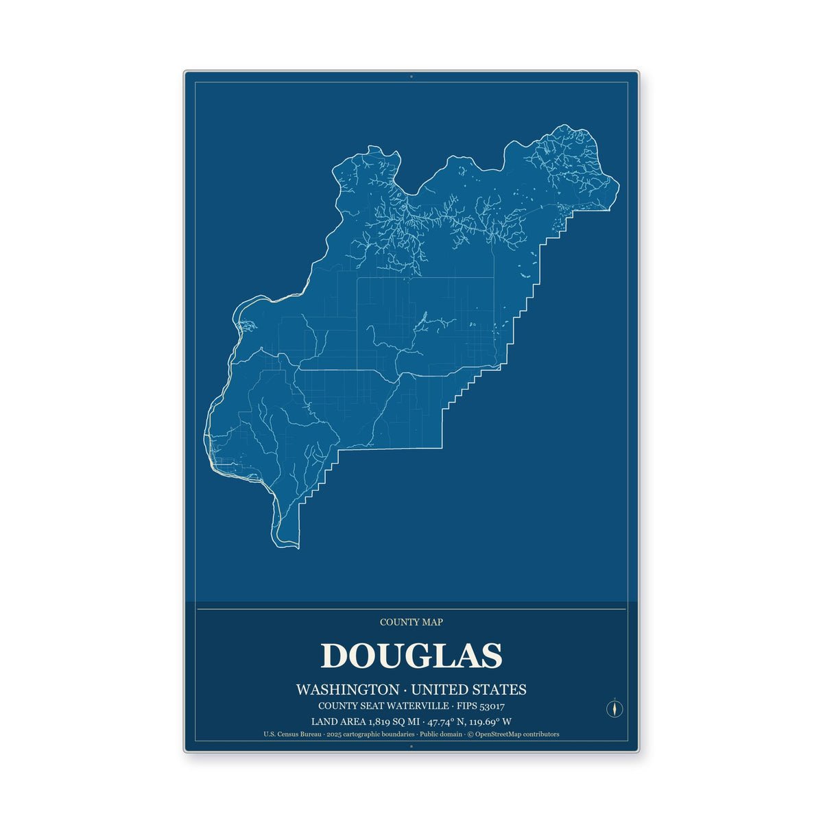 Douglas County, Washington Map Aluminum Sign in Harbor Cobalt style
