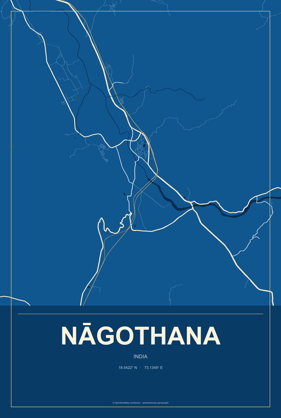 Nāgothana, India City Map Aluminum Sign in Harbor Cobalt style