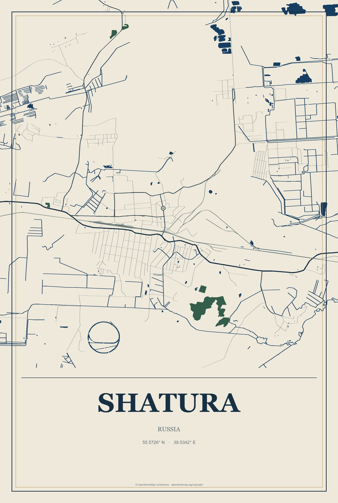 Shatura, Russia City Map Aluminum Sign in Coastal Cutout style