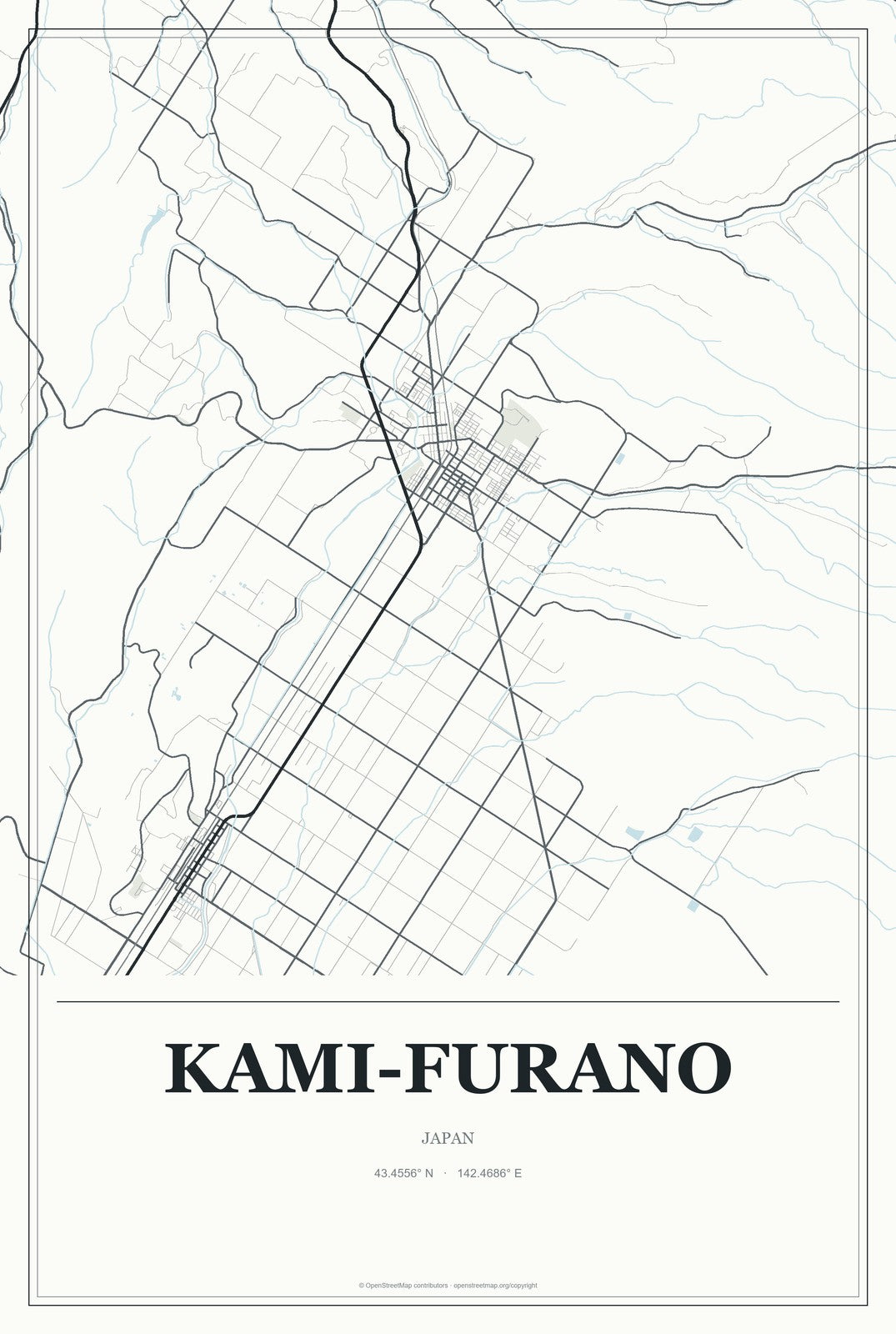 Kami-furano, Japan City Map Aluminum Sign in Gallery Air style