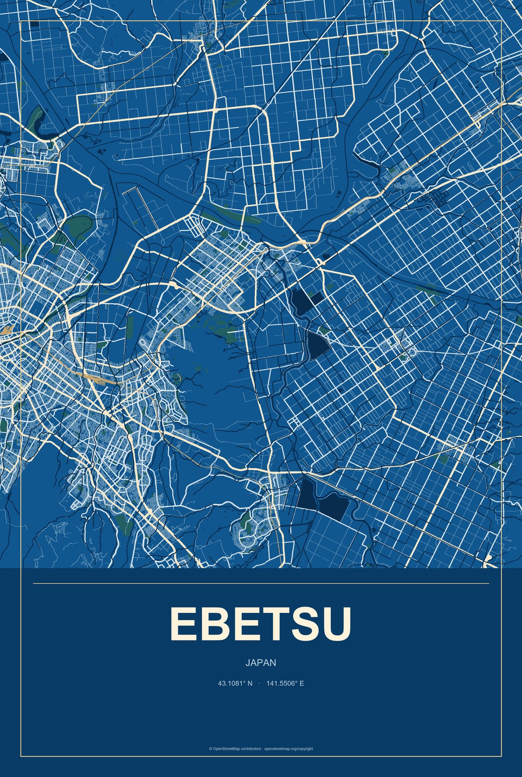 Ebetsu, Japan City Map Aluminum Sign in Harbor Cobalt style