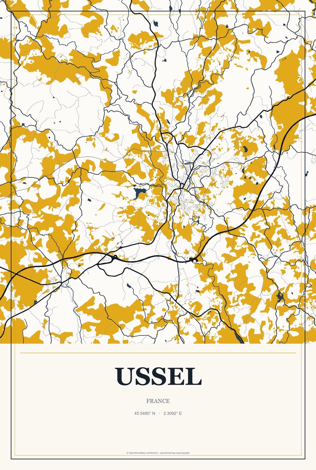 Ussel, France City Map Aluminum Sign in Citrine Modern style