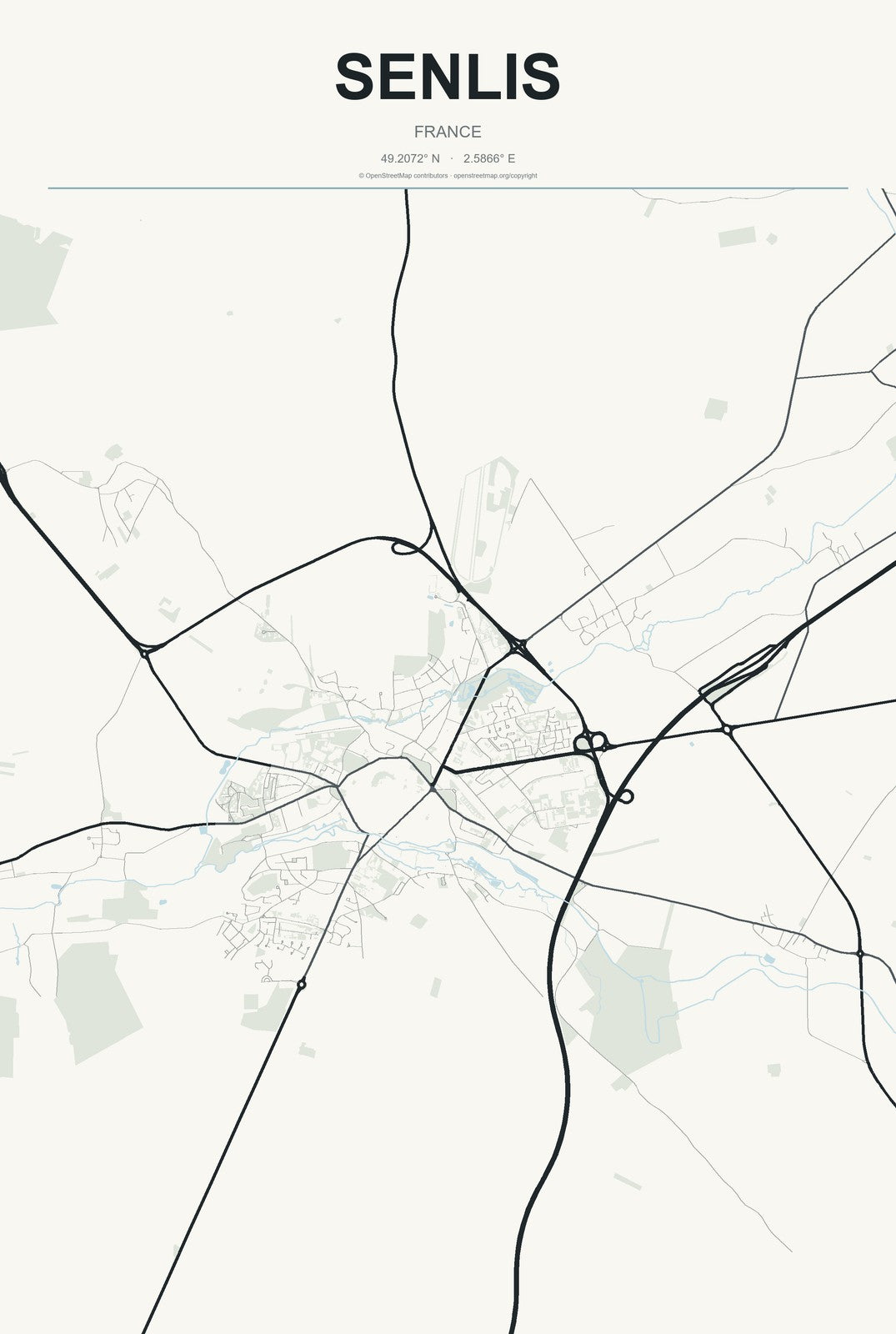 Senlis, France City Map Aluminum Sign in Headline Atlas style