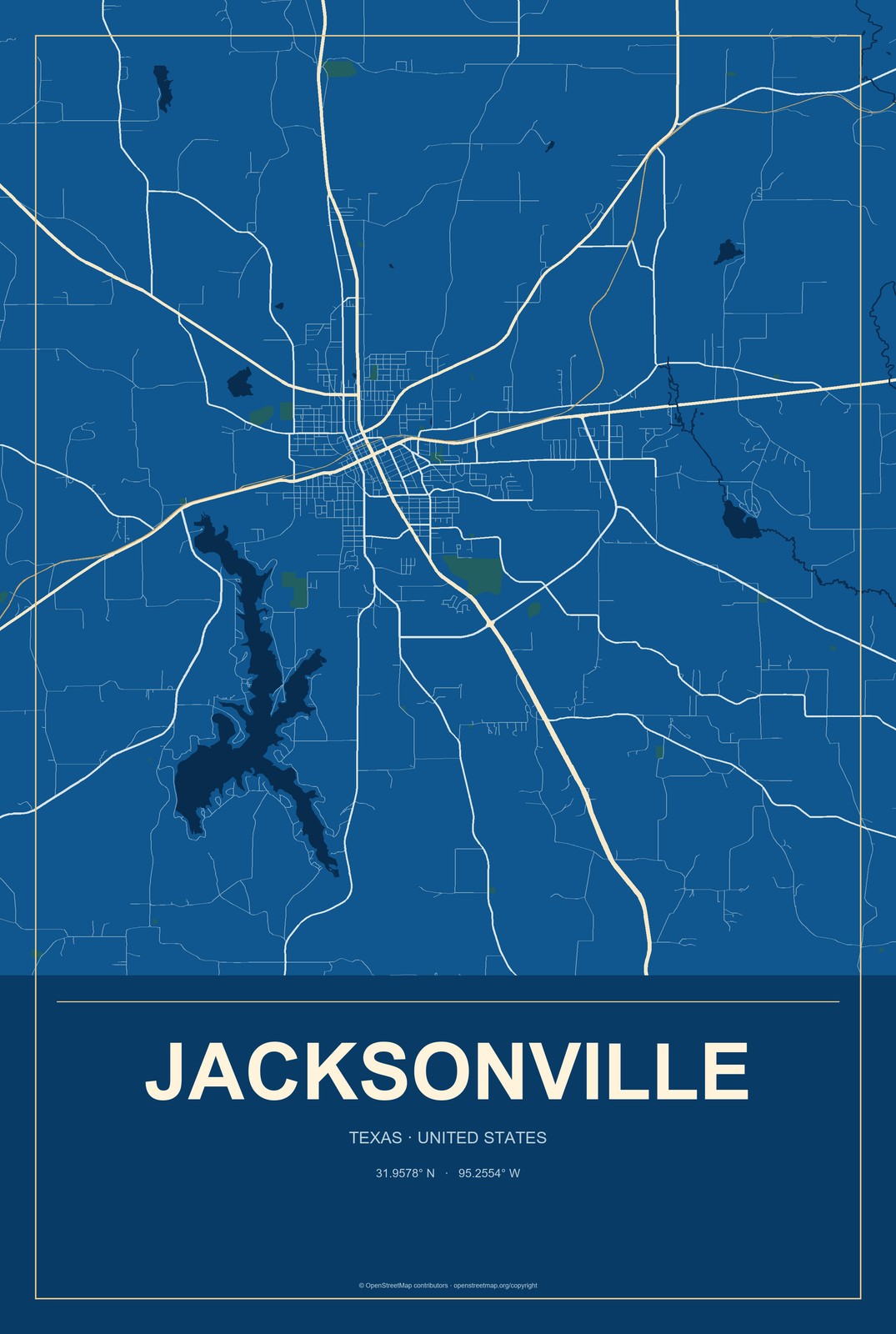 Jacksonville, Texas City Map Aluminum Sign in Harbor Cobalt style