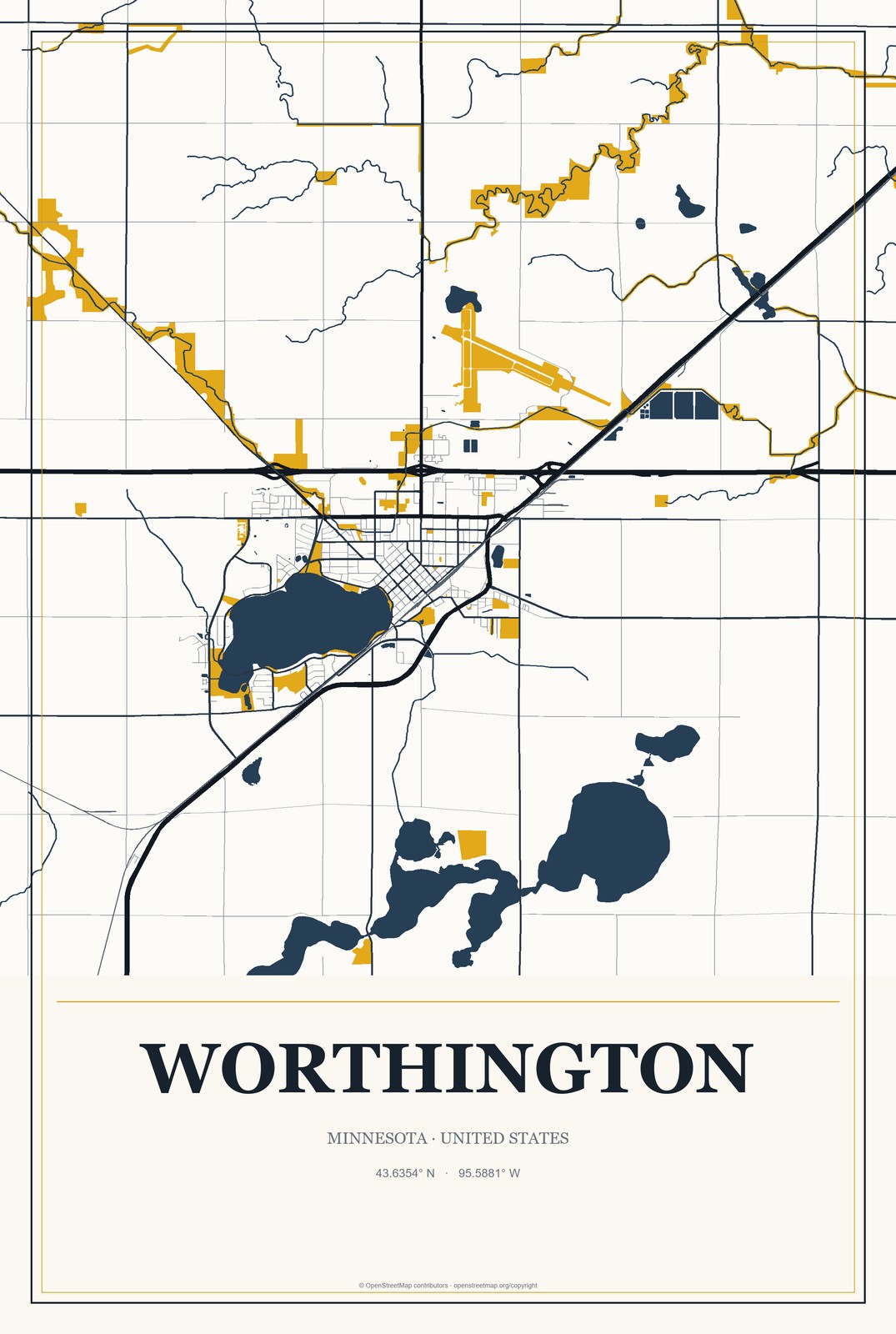 Worthington, Minnesota City Map Aluminum Sign in Citrine Modern style