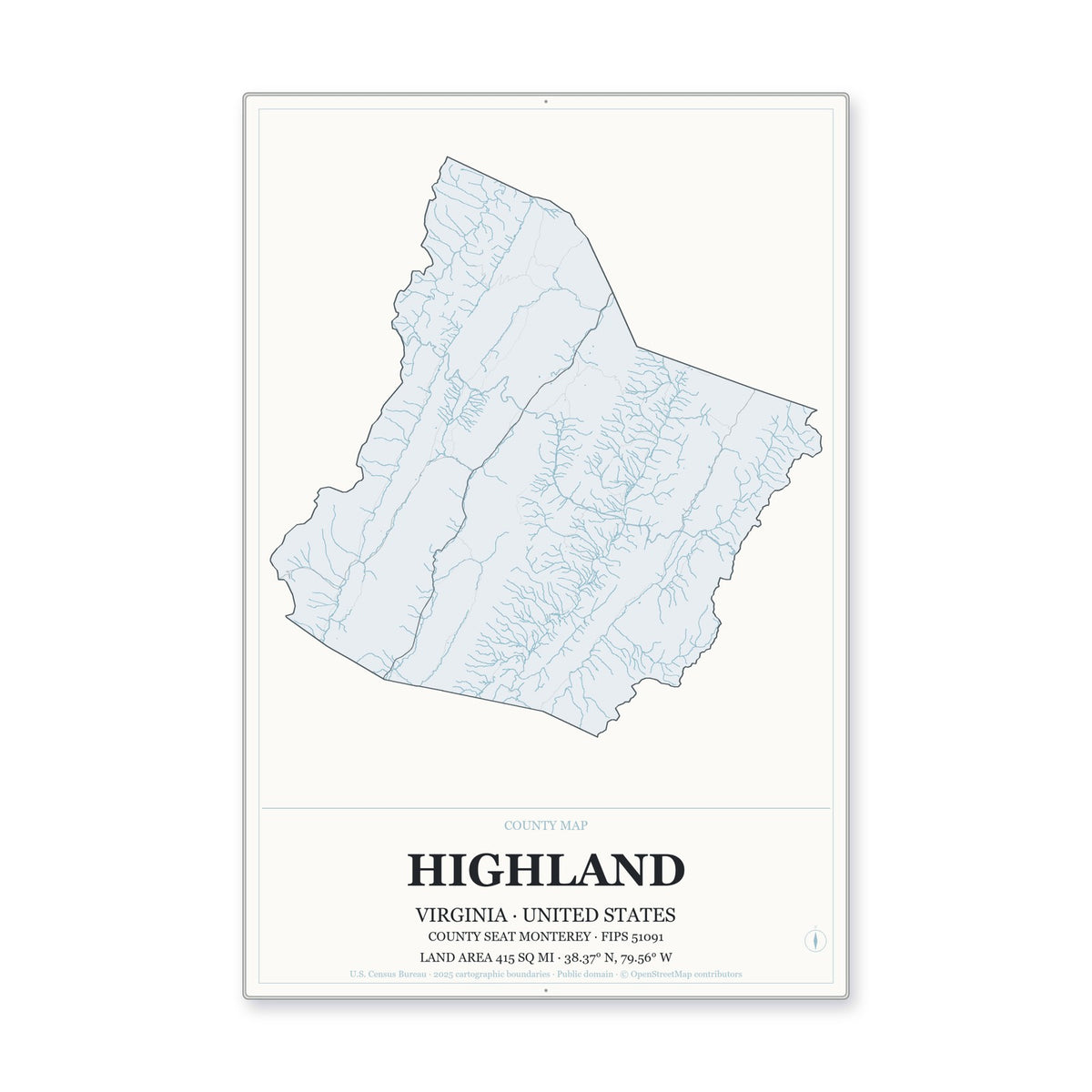 Highland County, Virginia Map Aluminum Sign in Gallery Air style