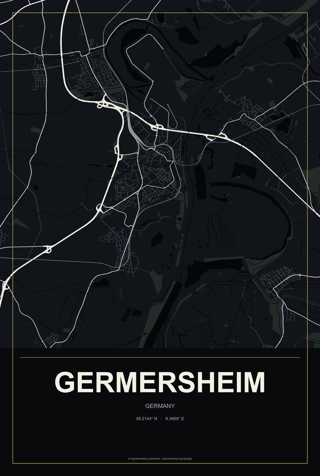 Germersheim, Germany City Map Aluminum Sign in Metropolitan Noir style