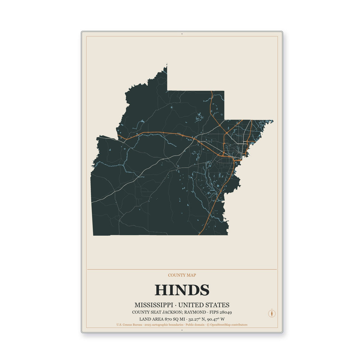 Hinds County, Mississippi Map Aluminum Sign in Headline Atlas style