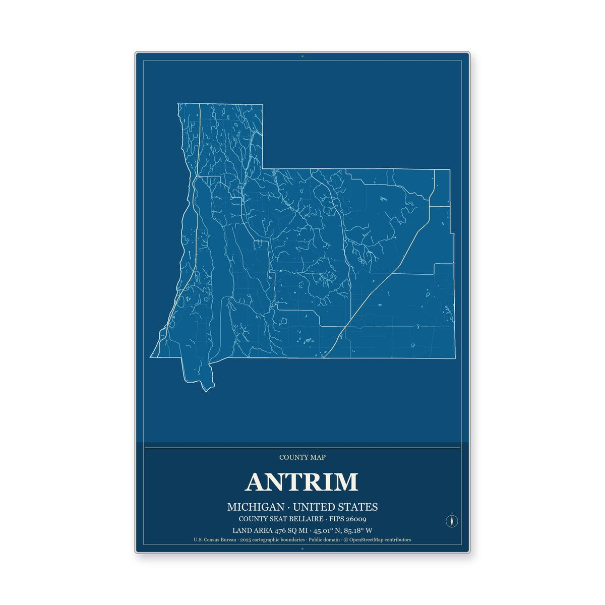 Antrim County, Michigan Map Aluminum Sign in Harbor Cobalt style