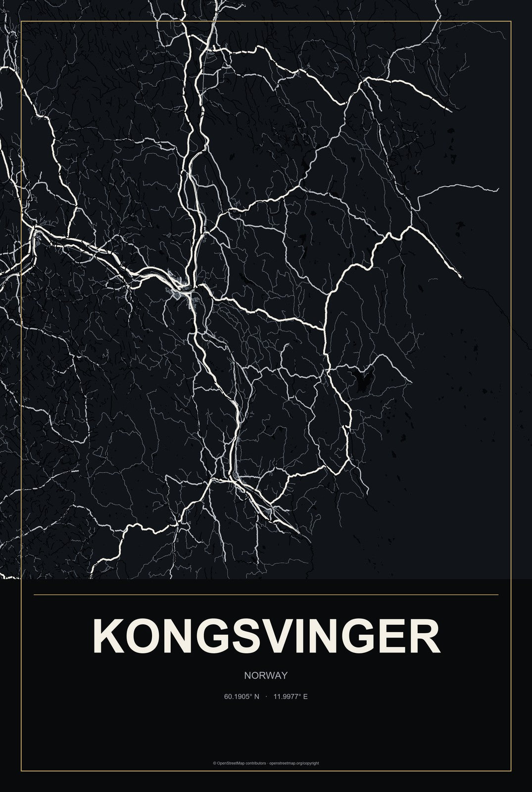 Kongsvinger, Norway City Map Aluminum Sign in Metropolitan Noir style