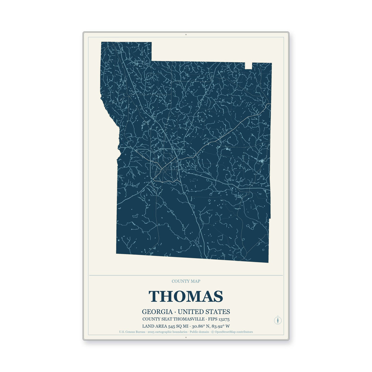 Thomas County, Georgia Map Aluminum Sign in Coastal Cutout style