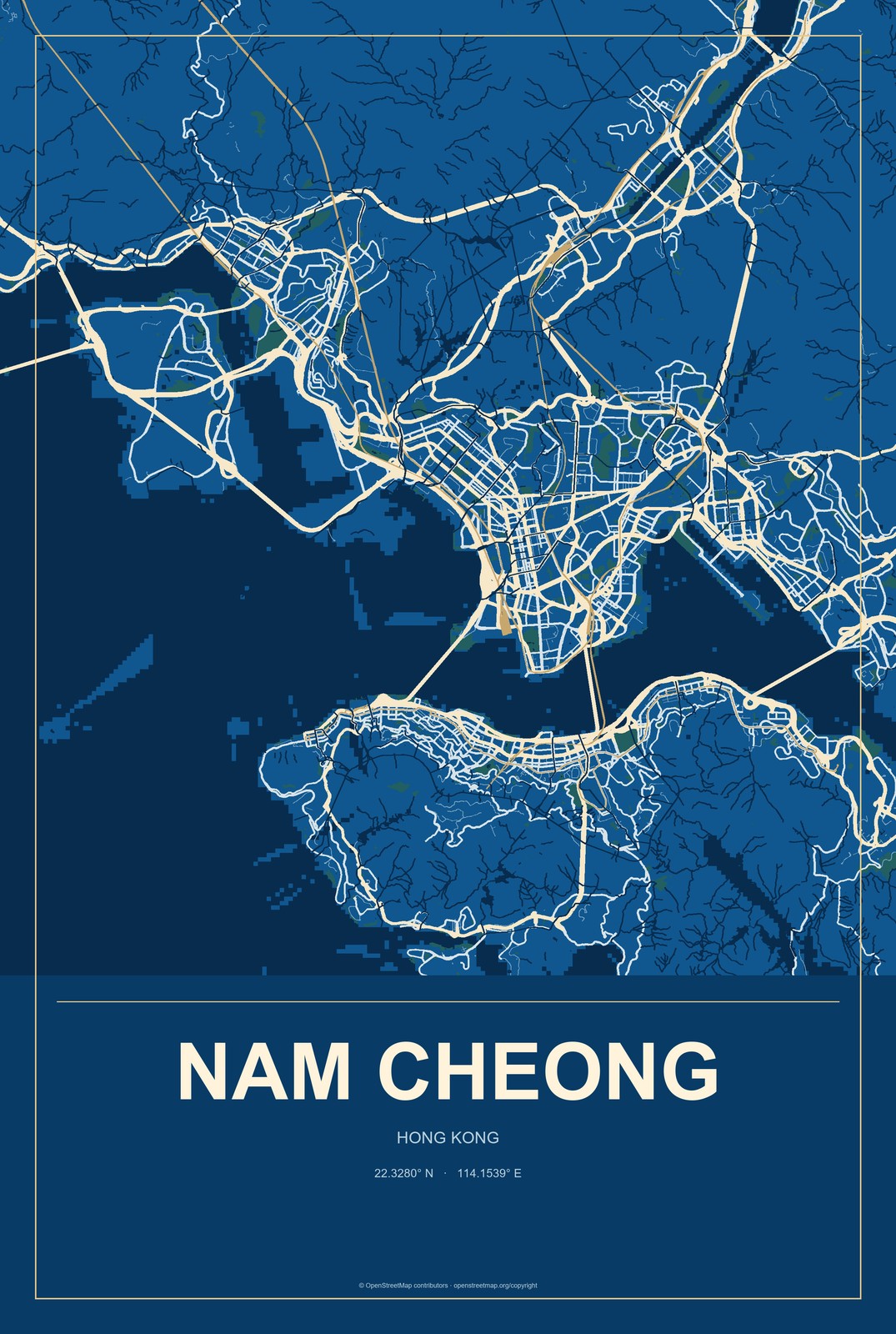 Nam Cheong, Hong Kong City Map Aluminum Sign in Harbor Cobalt style